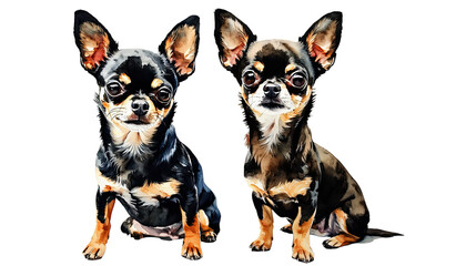 a watercolor painting depicts two tan and black chihuahuas sitting side by side against a white background.
