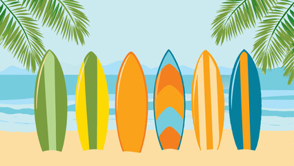 Colorful surfboards ready for a fun day of waves under swaying palm trees an idyllic beach escape