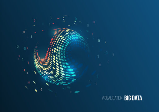 Data analysis and visual representation of information flows in the modern information environment. Abstract big data visualization with a circular wave of colored dots on a dark blue background.