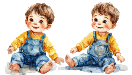 a charming watercolor illustration depicts two adorable baby boys with rosy cheeks, wearing yellow long-sleeved shirts and denim overalls, sitting playfully on a textured white surface.