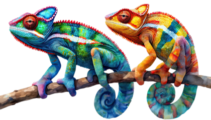 two vividly colored panther chameleons perch side-by-side on a branch, displaying intricate patterns of blue, green, orange, and red scales with their prehensile tails curled below.