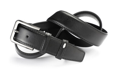 One black leather belt isolated on white