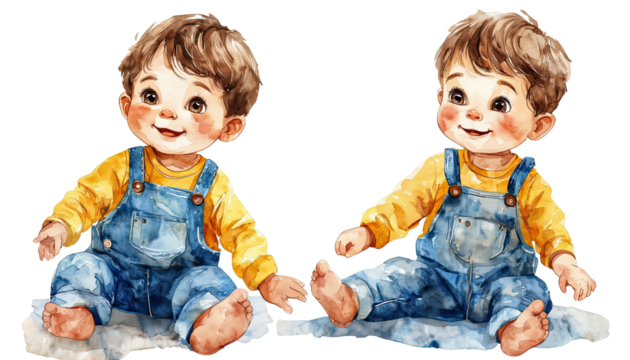 a charming watercolor illustration depicts two adorable baby boys with rosy cheeks, wearing yellow long-sleeved shirts and denim overalls, sitting playfully on a textured white surface.