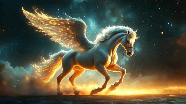 gold Pegasus, wing horse fly in the cloudy glory celestial sky , ethereal fantasy scenery