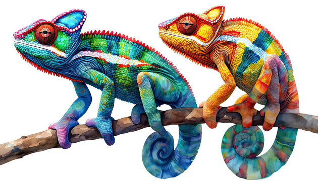 two vividly colored panther chameleons perch side-by-side on a branch, displaying intricate patterns of blue, green, orange, and red scales with their prehensile tails curled below.