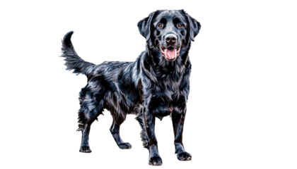 a vibrant watercolor painting depicts a cheerful black labrador retriever standing with a slightly open mouth and wagging tail.