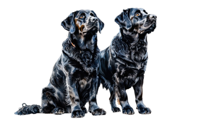 a digital watercolor painting depicts two black flat-coated retrievers in a side-by-side portrait, one sitting and one standing, both gazing upwards with attentive expressions.
