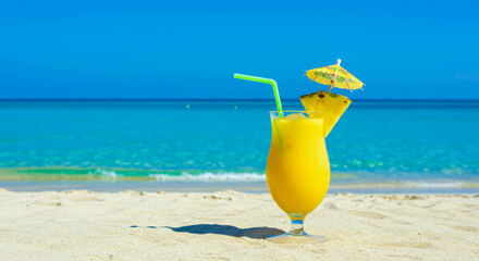 Refreshing tropical cocktail with a yellow hue, garnished with a slice of pineapple and a small umbrella, placed on sandy beach with clear blue ocean in the background	