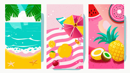 Summertime Fun Vivid beach scenes with playful fruits vibrant umbrellas and bright joyful coastal