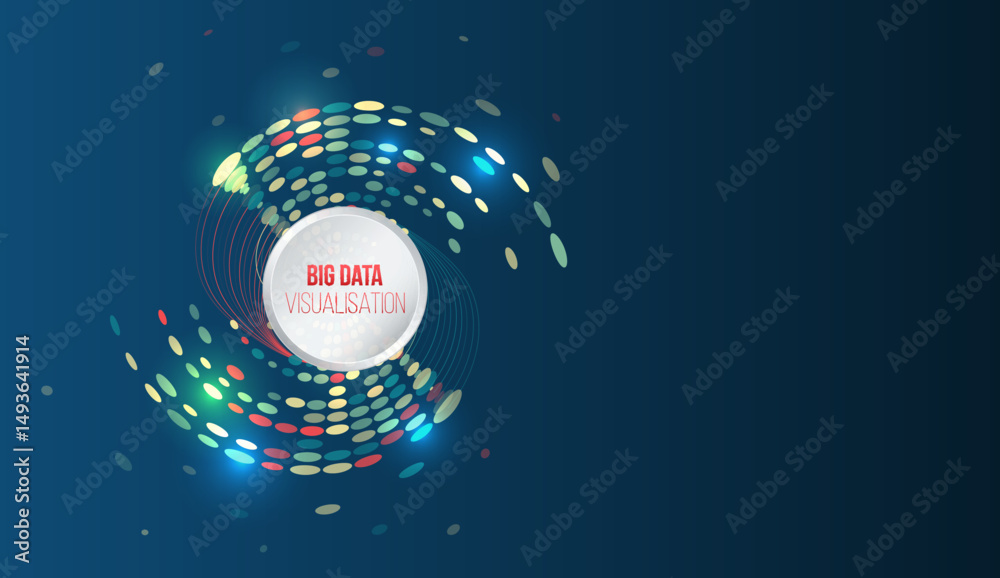Aufkleber Data analysis and visual representation of information flows in the modern information environment. Abstract big data visualization with a circular wave of colored dots on a dark blue background.