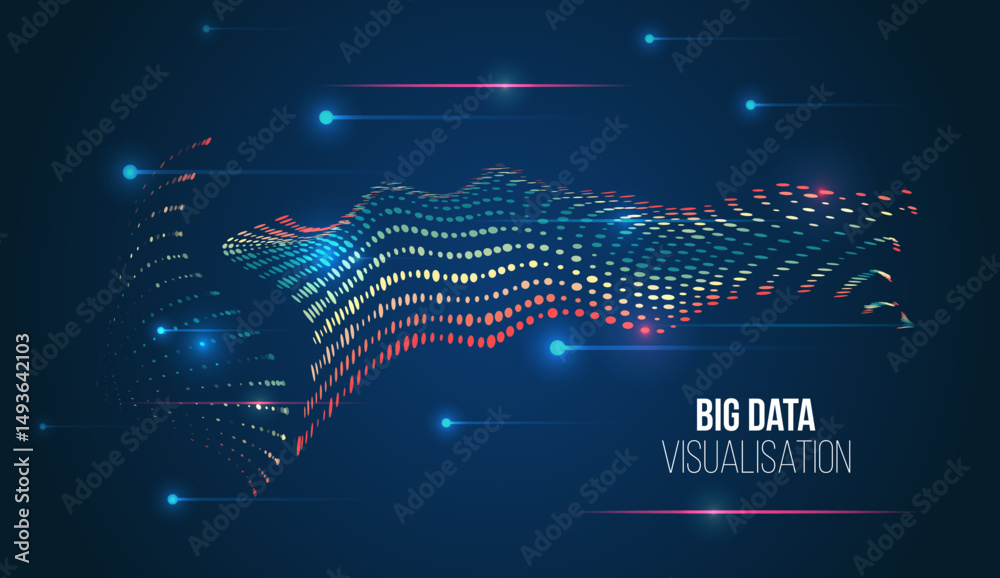 Aufkleber Abstract information flow, digital transformation, data analysis, high-tech analytical concept. Modern big data visualization with wave of colored dots and binary code on dark blue background.
