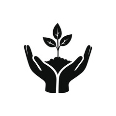 Black silhouette of hands holding growing plant eco friendly concept, sustainability, environment protection, organic growth, nature care symbol, vector illustration