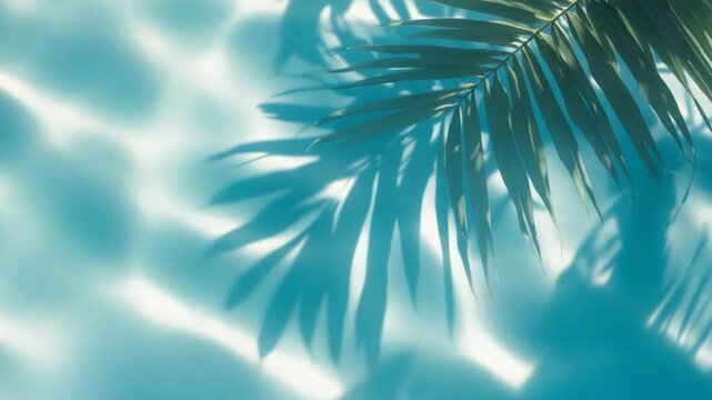 Blue background featuring aqua waves and the shadow of palms. Texture of the water pool from above.