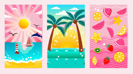 Vivid tropical dreamscapes bursting with summer fruits and sun kissed beaches against a pastel pink