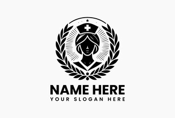 Elegant nurse icon with traditional cap framed by laurel branches and cross vector emblem. Medical profession concept  