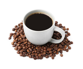 Aromatic coffee in cup and pile of beans isolated on white