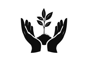 Hands cupping a sprout symbol of growth and environmental care. hand holding plant silhouette vector. plant in hand icon. Seedling in hand vector and growing plant icon