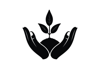 Hands cupping a sprout symbol of growth and environmental care. hand holding plant silhouette vector. plant in hand icon. Seedling in hand vector and growing plant icon