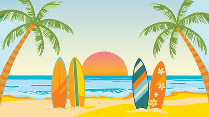 Colorful surfboards awaiting adventure on a sunny beach escape tropical vibes under palm trees with