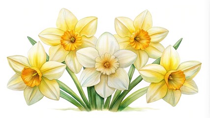 Fototapeta premium Watercolor Illustration of Daffodils in Full Bloom with Yellow and White Petals