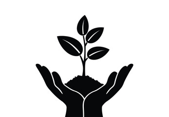 Hands cupping a sprout symbol of growth and environmental care. hand holding plant silhouette vector. plant in hand icon. Seedling in hand vector and growing plant icon