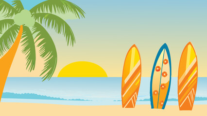Escape to a tropical beach with surfboards ready for adventure as the sun dips low and vivid color