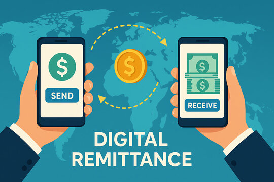 Illustration of digital remittance concept, featuring hands holding smartphones for sending and receiving money, emphasizing modern financial transactions and global connections.