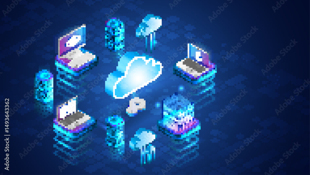Poster Isometric design showing secure data exchange between cloud, laptops, servers, and mobile devices. Cloud computing and data protection concept with connected devices.