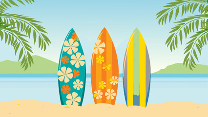 Colorful surfboards stand ready for a day of fun and adventure on a sandy beach with palm trees