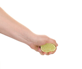 Woman squeezing lime on white background, closeup