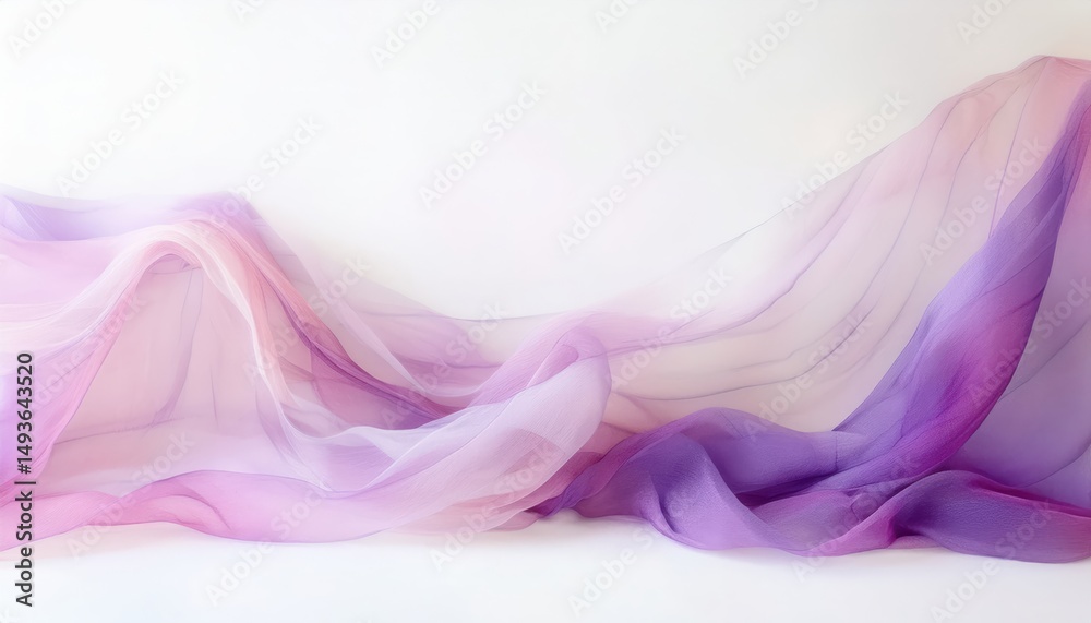 Poster soft flowing lavender and pink chiffon fabric waves on white background for elegant branding, femini