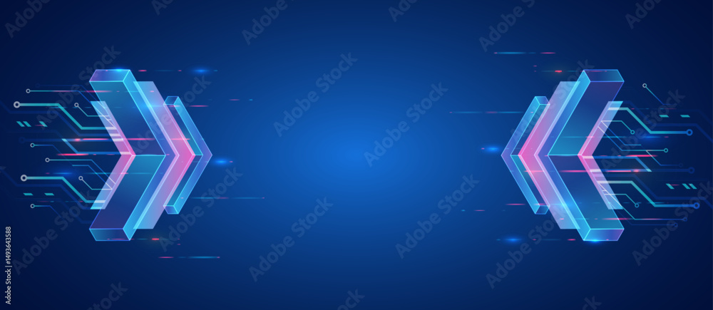 Poster futuristic blue technology background with glowing arrows, digital lines, and dotted patterns. conce