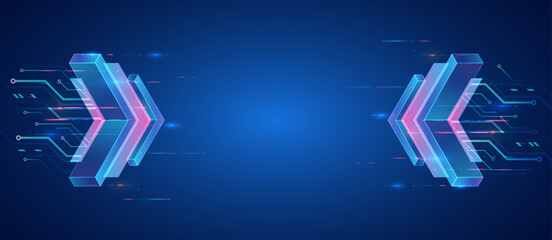 Futuristic blue technology background with glowing arrows, digital lines, and dotted patterns. Concept of innovation, speed, and high-tech digital communication.