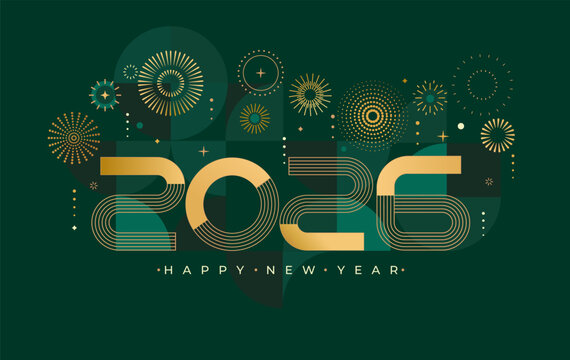 Luxury 2026 New Year.Elegant card for event with abstract golden fireworks and golden numbers on deep green background with geometric pattern. Template for poster,flyer,web,banner. Vector illustration