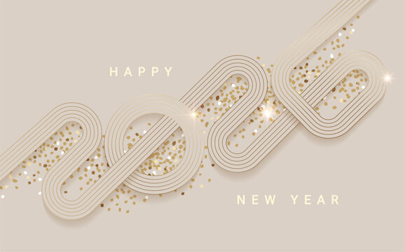 2026 New Year simple linear banner with numbers from golden lines and shimmer. Luxury template for greeting card, invitation, poster, flyer, web. Premium vector design for New year and Christmas