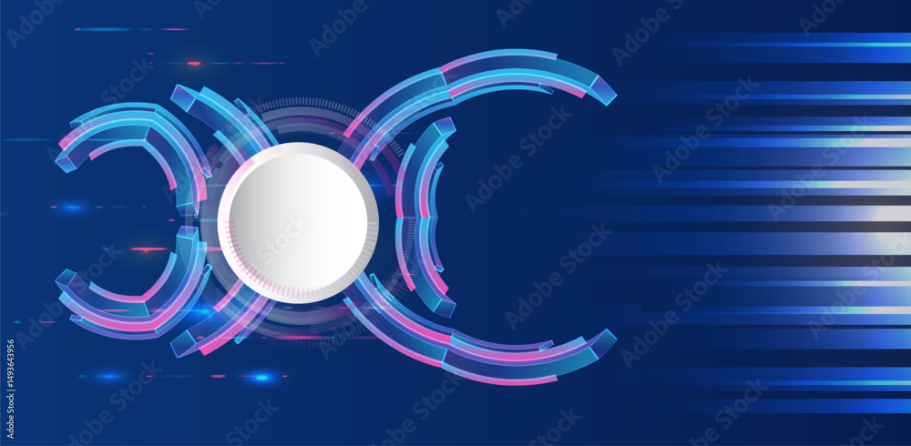 Poster Futuristic digital interface background with colorful circular tech elements and motion blur lines on a dark blue backdrop. Perfect for presentations, UI/UX concepts, and technology-themed designs.