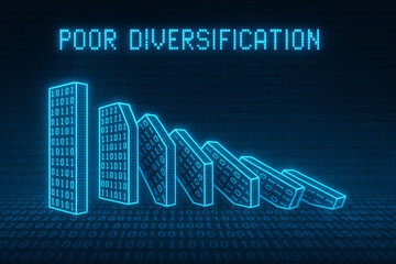 A conceptual digital image illustrating the concept of poor diversification in investments, featuring a series of dominoes representing falling economic growth.
