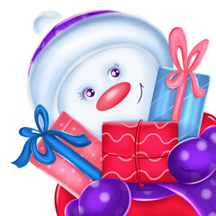 A cute snowman holds gifts. New Year's illustration. A character on a transparent background. Postcard