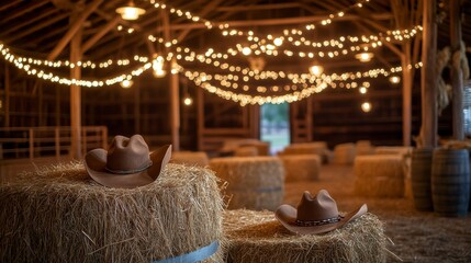 Two cowboy hats sit atop hay bales in a rustic barn lit with string lights, suggesting a country wedding or event.