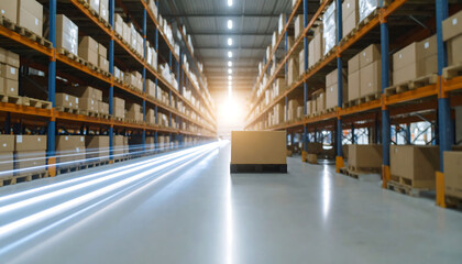 Modern warehouse interior with shelves full of cardboard boxes. Motion blur and bright light suggest speed and efficiency. Illustrates logistics, supply chain, distribution, and storage.