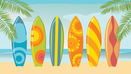 A vibrant array of surfboards standing tall on the golden shore inviting adventures and summer days