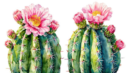 a delicate watercolor painting depicts two blooming saguaro cacti with vibrant pink flowers and detailed spines against a white background.