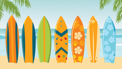 A vibrant row of surfboards stands ready for adventure painted in the colors of tropical joy on a
