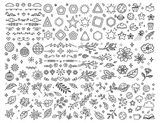 Floral and Botanical Doodle Set with Decorative Elements (White)