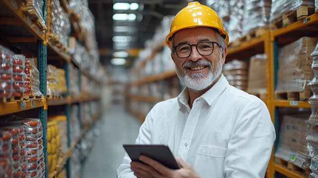 Smiling senior warehouse manager holding tablet, amidst rows of stocked shelves - Powered by Adobe