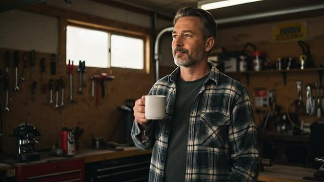 Man drinking coffee in garage while pondering tools and materials  