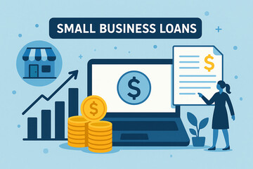Illustration representing small business loans, featuring a laptop with financial documents, coins, and a growth chart for visualizing loan opportunities.
