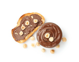 Toast with tasty chocolate spread and hazelnuts isolated on white, top view
