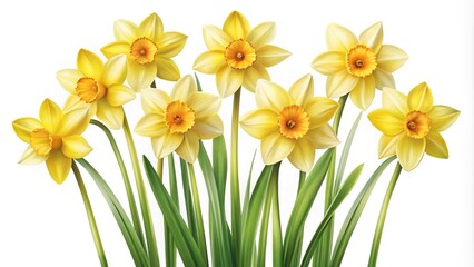 Fototapeta premium Illustrative Arrangement of Bright Yellow Daffodils with Vivid Green Stems on White