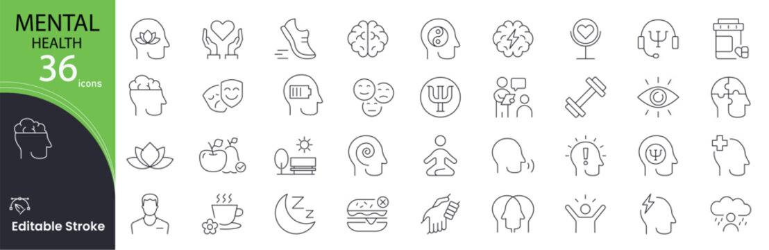 Mental Health icon set. Wellness and psychology related line icons: brain, therapy, stress, support, self-care, mindfulness, meditation, depression, counseling and emotion . Editable stroke. 